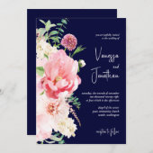 Invitation Dark Moody Navy bleu bleu bleu rose floral Script (Devant / Derrière)