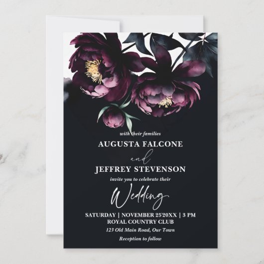 Invitation Dark moody noir élégant tout en un mariage (Devant)