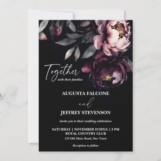 Invitation Dark moody noir élégant tout en un mariage (Devant)