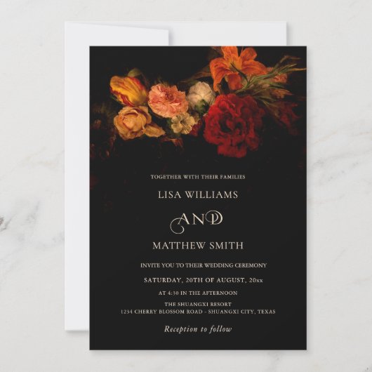 Invitation Dark Moody Painted Flowers  Wedding (Devant)