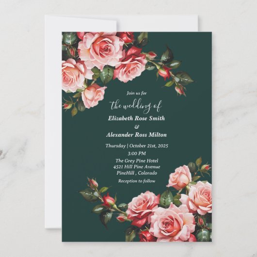 Invitation Dark moody pink and red roses green wedding (Devant)