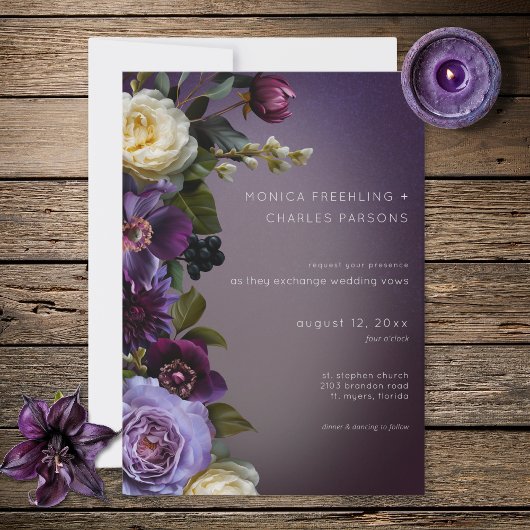 Invitation Dark Moody Purple Lavender Floral Modern Wedding