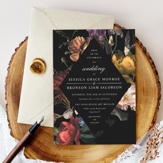 Invitation Dark Moody Romantic Floral Néerlandais Mariage