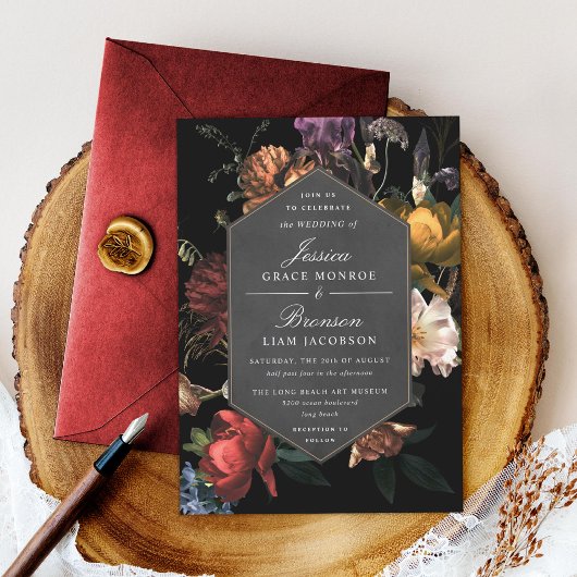 Invitation Dark Moody Romantic Floral Néerlandais Mariage