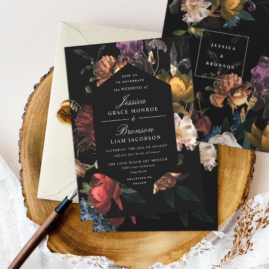 Invitation Dark Moody Romantic Floral Néerlandais Mariage