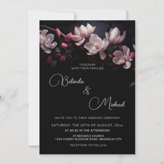Invitation Dark  Moody Romantic Magnolia Flowers (Devant)
