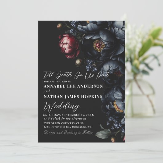 Invitation Dark Moody Romantic Peony Gothique Mariage QR Code (Debout devant)