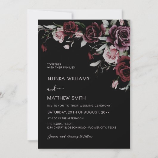 Invitation Dark Moody Roses Black Background | Photo Wedding (Devant)