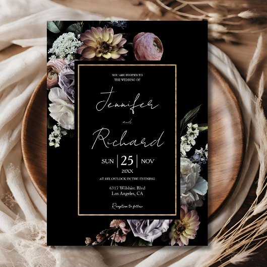 Invitation Dark Moody Vintage Floral noir Mariage