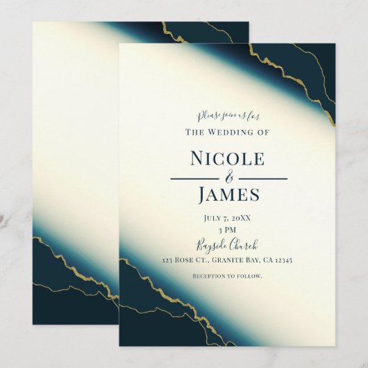 Invitation Dark Navy Blue & Gold Modern Coastal Beach Mariage (Devant / Derrière)