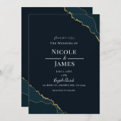 Invitation Dark Navy Blue & Gold Modern Mariage élégant (Devant / Derrière)