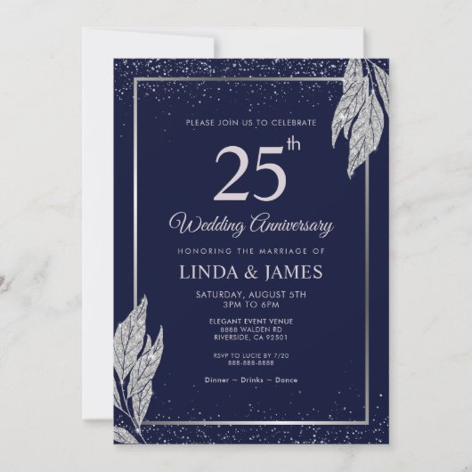 Invitation Dark Navy Blue Silver Leaf Wedding Anniversary  (Devant)