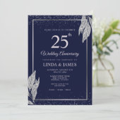 Invitation Dark Navy Blue Silver Leaf Wedding Anniversary  (Debout devant)