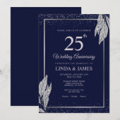 Invitation Dark Navy Blue Silver Leaf Wedding Anniversary  (Devant / Derrière)