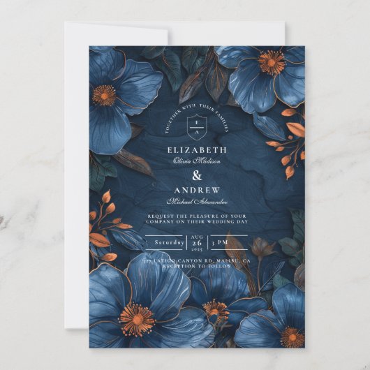 Invitation Dark Navy Botanical Romance (Devant)