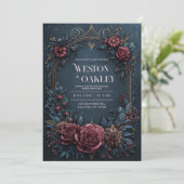 Invitation Dark Navy Burgundy Floral Antique Gold Wedding (Debout devant)