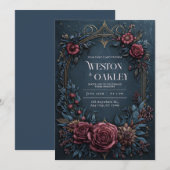Invitation Dark Navy Burgundy Floral Antique Gold Wedding (Devant / Derrière)