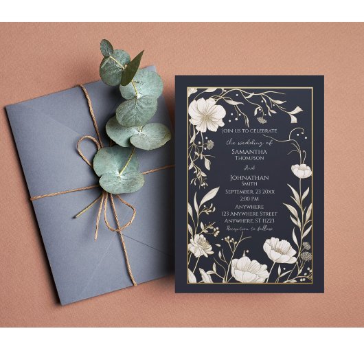 Invitation Dark Navy Gold de Mariage blanc