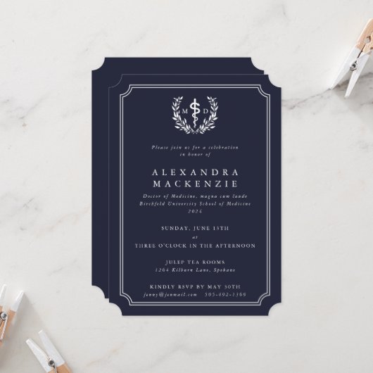 Invitation Dark Navy MD Asclepius + Laurel Wreath Graduation (Devant/Arrière en situation)