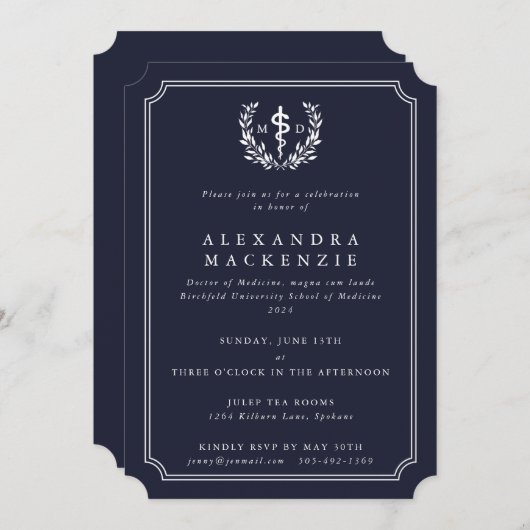 Invitation Dark Navy MD Asclepius + Laurel Wreath Graduation (Devant / Derrière)