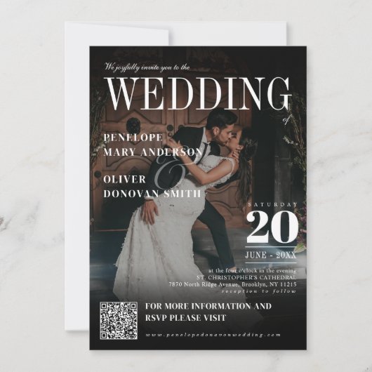 Invitation Dark Photo Magazine QR Code Elegant Boho Mariage (Devant)