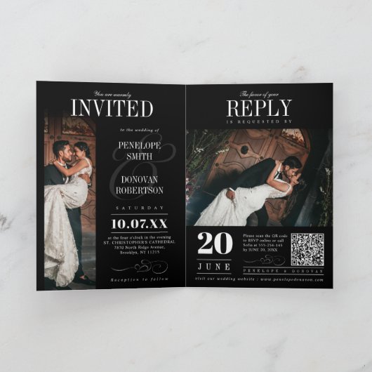 Invitation Dark Photo Magazine QR Code Tout en un Mariage (Intérieur)