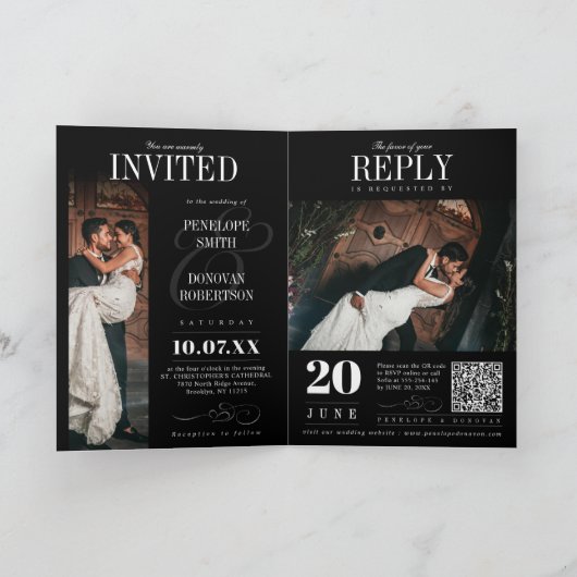 Invitation Dark Photo Magazine QR Code Tout en un Mariage (Intérieur)