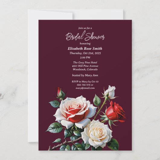 Invitation Dark Pretty pink white red roses bridal shower (Devant)
