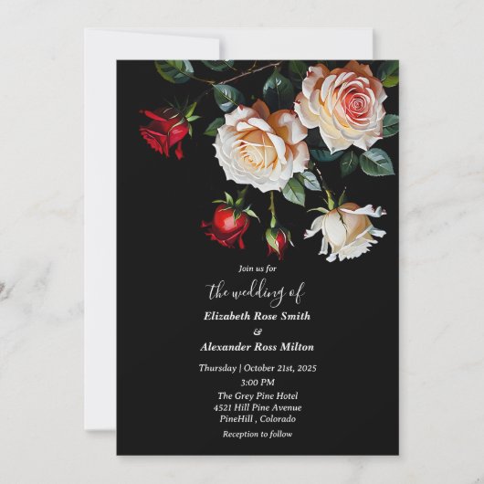 Invitation Dark Pretty Red pink white roses floral wedding (Devant)