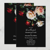 Invitation Dark Pretty Red pink white roses floral wedding (Devant / Derrière)