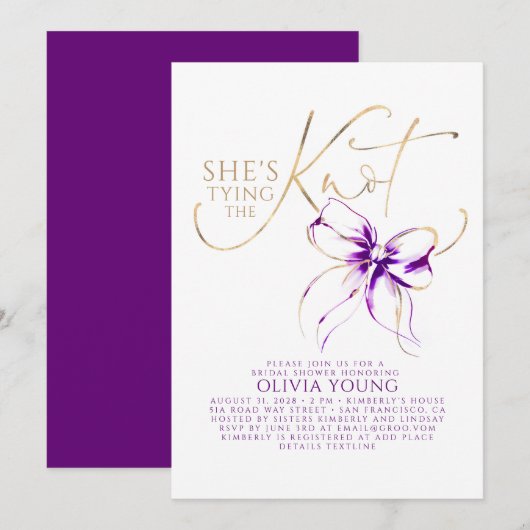Invitation Dark Purple Bow She's Tying The Knot Bridal Shower (Devant / Derrière)