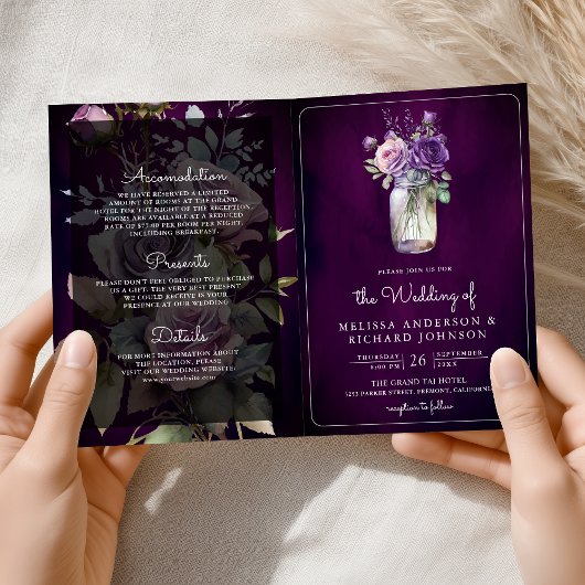 Invitation Dark Purple Floral Mason Jar QR Code Moody Wedding