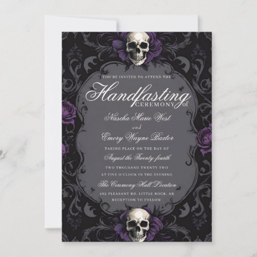 Invitation Dark Purple Gothic Boho Floral Skull Handfasting (Devant)