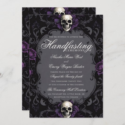 Invitation Dark Purple Gothic Boho Floral Skull Handfasting (Devant / Derrière)