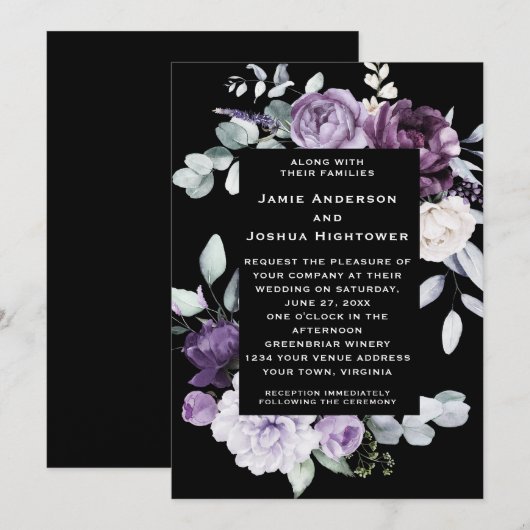 Invitation Dark Purple, Lavender, White Floral Black Wedding (Devant / Derrière)