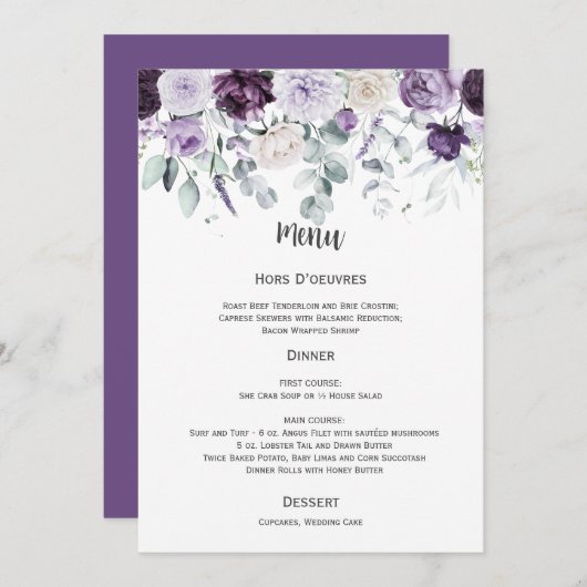 Invitation Dark Purple, Lavender, White Wedding Menu (Devant / Derrière)