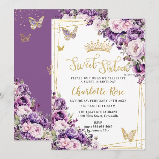Invitation Dark Purple Lilac Blush Floral Roses Sweet 16 (Devant / Derrière)