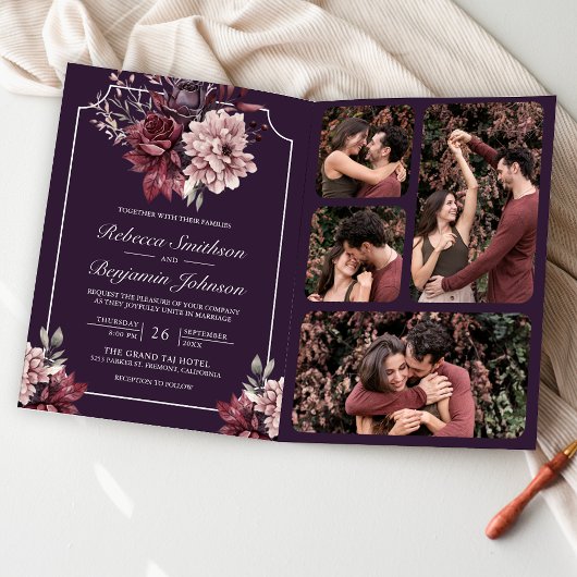 Invitation Dark Purple Moody Floral Frame QR Code Wedding