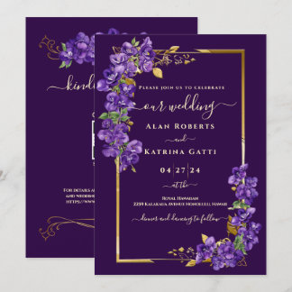 Invitation Dark Purple Violet Wedding RSVP QR Code Gold Frame