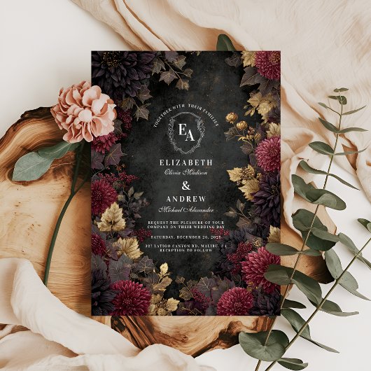 Invitation Dark Romance Bourgogne Floral Mariage