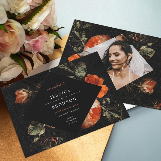 Invitation Dark Romantic Floral Roses néerlandais Sauvez la d