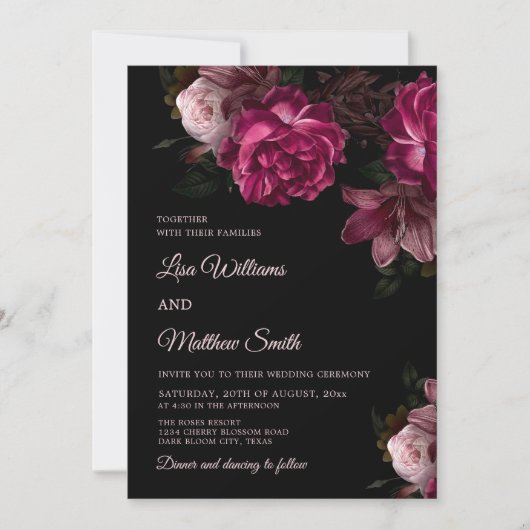 Invitation Dark Romantic Hand Drawn Roses Wedding (Devant)