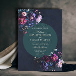 Invitation Dark Romantic Moody Florals Jewel Emerald Mariage<br><div class="desc">Un magnifique agencement floral de fleurs sombres et maussades dans les tons bijoux encadre ce faire-part de mariage époustouflant avec un thème romantique foncé. Un arrière - plan de marine sombre et un cadre de cercle émeraude sont l'arrière - plan de la typographie classique et des touches de calligraphie élégante...</div>