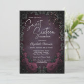 Invitation Dark Roses Frame Burgundy Glitter Drips Sweet 16  (Debout devant)