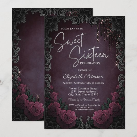 Invitation Dark Roses Frame Burgundy Glitter Drips Sweet 16  (Devant / Derrière)