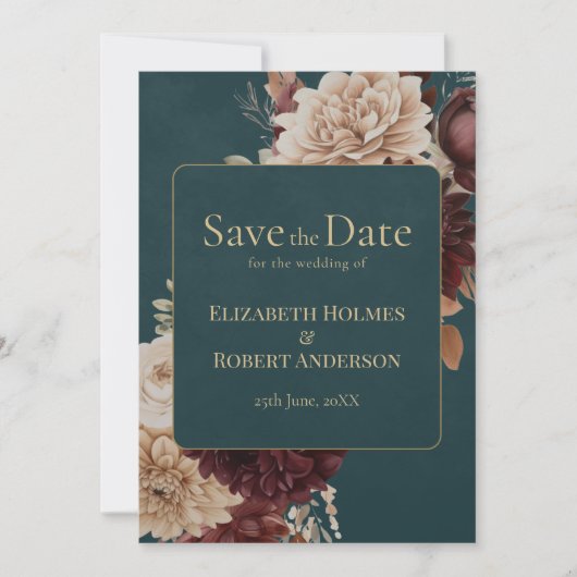 Invitation Dark Teal Floral Gothic Save the Date (Devant)