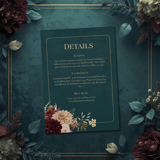 Invitation Dark Teal Floral Gothic Wedding Details Card