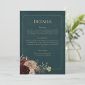 Invitation Dark Teal Floral Gothic Wedding Details Card (Debout devant)