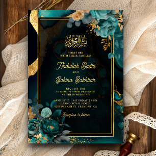 Invitation Dark Turquoise or Floral QR Code Musulman Mariage