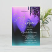 Invitation Dark Violet Glitter Drips,Ombre Sweet 16  (Debout devant)